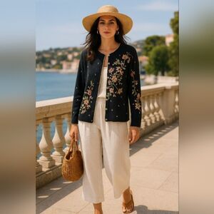 Vintage Tiara Black Cardigan Sweater M Floral Embroidered Pearl Trim Cottagecore